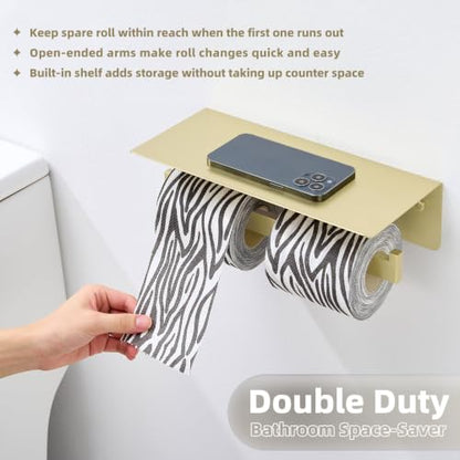 Brushed Gold Double Toilet Paper Holder with Shelf, 304 Stainless Steel Wall Mount Tissue Roll Holder for Bathroom - color: Brushed Gold, size: Double Rod