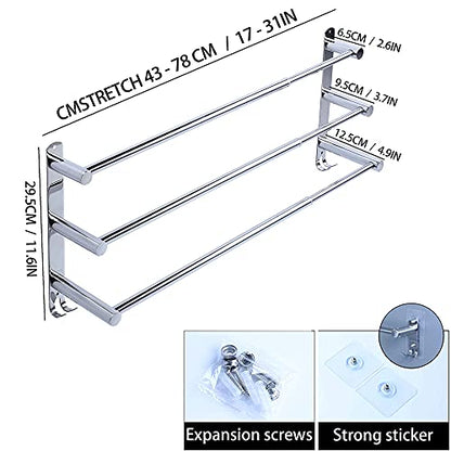Towel Bars Hanger Freely Retractable 20-30 Inche Stainless Steel 304 Bath Rack Strong 3M Adhesive Bathroom Wall Free mounting Hole-Installing washroom Kitchen Space Saving 3 Bars