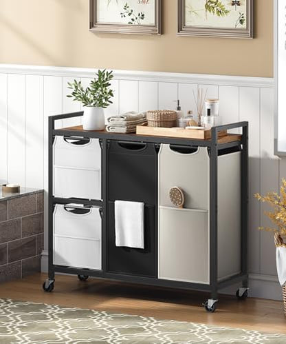 HOOBRO Laundry Sorter with 4 Section, 39 Gal. (147 L) Laundry Hamper with Wheels, Rolling Laundry Basket with Shelf, Pull-Out Detachable Bags, Side Pockets, Rustic Brown, Black and Beige BFE14XY01N1 - color: Rustic Brown + Black + Beige + Gray