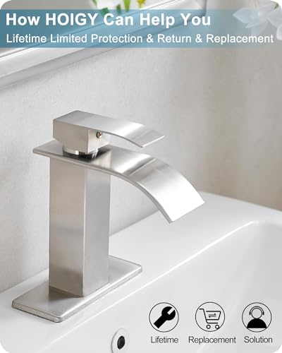 Brushed Nickel Bathroom Faucet Single Handle, Brass Waterfall Bathroom Sink Faucet 1 Hole or 4 Inch 3 Hole Bathroom Faucets with Deck Plate & Pop-up Drain Supply Hose for Lavatory No Splashing - color: Brushed Nickel - Traditional
