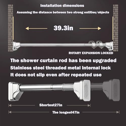Silver Shower Curtain Rod 27 to 47 Inch,Heavy-Duty inner Lock Stainless Steel Telescopic Rod,1.2-Inch Diameter Bathroom Anti-Rust And anti-Slip Tension Rod Without Drilling,Convenient to Use - color: Stainless steel, size: 27-47 Inches