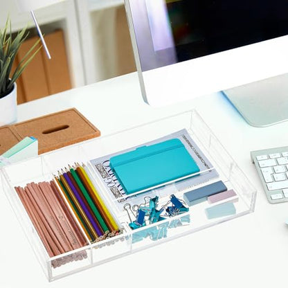 Briwooody 2 Pcs Acrylic Drawer Organizer 9'' up to 18'' x 15'' x 2'' Expandable Drawer Organizer Pens Notebook Ruler Makeup Tray with 7 Adjustable Compartments for Desk Office Kitchen Bathroom(Clear) - size: 18 x 15 x 2inch