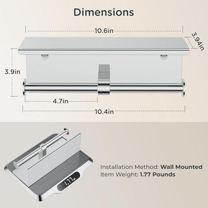FORIOUS Toilet Paper Holder with Shelf, Commercial Toilet Paper Dispensers | Chrome | Wall Mount Bathroom Tissue Holder | SUS304 Stainless Steel Rustproof | Double Tissue Roll Holder - color: Chrome