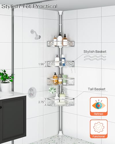 ALLZONE Corner Shower Caddy Tension Pole with 4 Repositionable Hang-On Baskets, Mixed-Height Shelves for Tall Bottles, 8 Dual Hooks & Soap Dish, Rust-Resistant Stainless Steel, Adjustable 34-116 Inch