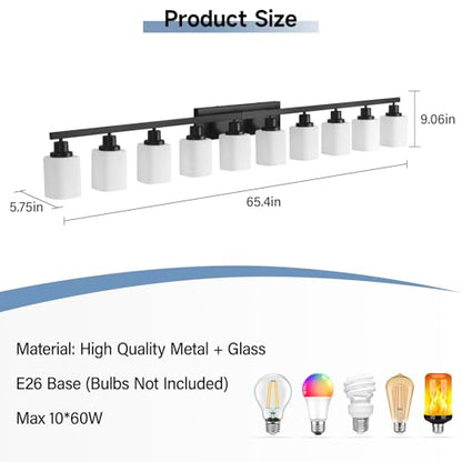 10-Light Bathroom Vanity Light,Modern Matte Black Bathroom Light Fixtures with Square Frosted Glass,64.5in Wall Sconces Over Mirror Restroom,Living Room Hallway E26 - color: Black, size: 10-Light