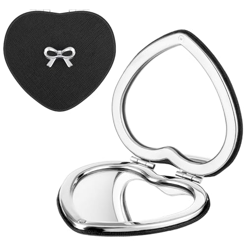 Qianyu Compact Folding Heart Shaped Double-Sided 1X/2X Magnifying Mini Glitter Makeup Mirror with PU Leather for Women Home, Office and Travel (Silver) - color: Silver
