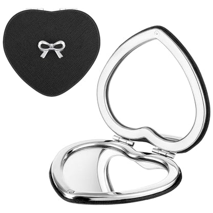 Qianyu Compact Folding Heart Shaped Double-Sided 1X/2X Magnifying Mini Glitter Makeup Mirror with PU Leather for Women Home, Office and Travel (Silver) - color: Silver