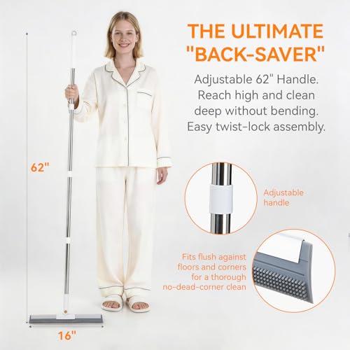 Magic Squeegee Broom for Floors, 62 in Handle, Rubber Pet Hair Remover | Works on tile, concrete, carpet and windows; includes 2 microfiber pads for wet and dry cleaning