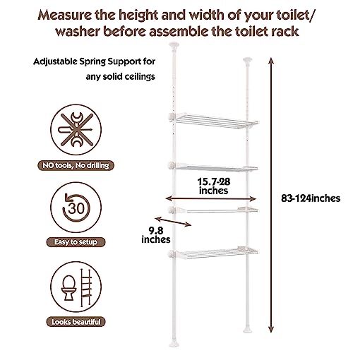 YeYeBest Over The Toilet Storage, Bathroom Organizer 4-Tier Adjustable Shelves for Small Room, Saver Space, 91 to 124 Inch Tall Stainless Steel White