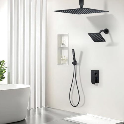 Rain Shower System 12" & 6" Dual Shower Heads Ceiling Shower Faucet Set | Ideal for bathroom remodels and upgrades with 12" rain shower, 6" angled shower, handheld spray and complete valve kit. - color: Matte Black, size: Ceiling Mounted - 12"+6" Shower H