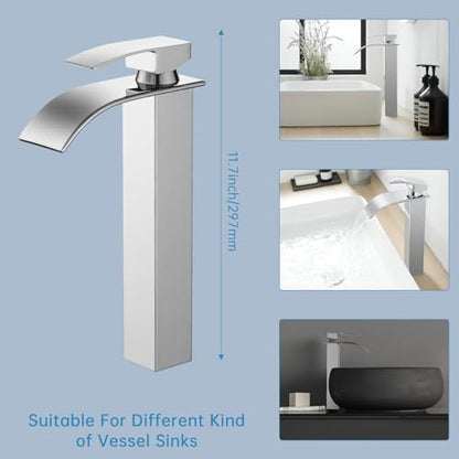 RUMOSE Tall Bathroom Faucet Vessel Sink Faucet with Drain, Polished Chrome | Modern Single Handle One Hole Bathroom Faucet Waterfall Rv Lavatory Vanity Faucet Mixer Tap, Pop Up Drain, Stainless Steel - color: Polished Chrome