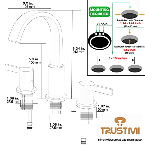 TRUSTMI 8 Inch Widespread Brushed Gold Bathroom Faucet 3 Hole 2 Handle Brass Vanity Sink Faucet with 360 Degree Swivel Spout, Overflow Drain and cUPC Waterlines - color: Brushed Gold