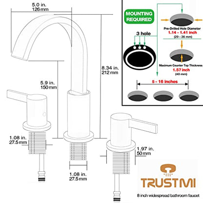 TRUSTMI 8 Inch Widespread Brushed Gold Bathroom Faucet 3 Hole 2 Handle Brass Vanity Sink Faucet with 360 Degree Swivel Spout, Overflow Drain and cUPC Waterlines - color: Brushed Gold