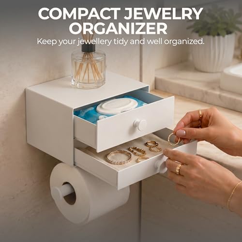 Toilet Paper Holder for Bathroom with Wipes Storage Drawers | Toilet Paper and Wipes Holder for Bathroom - Aluminum TP Holder with Adhesive or Wall Screw Mounting - White/White Knobs