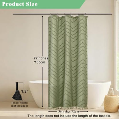 Small Boho Stall Shower Curtain, Light Green Fabric Cloth Stall Shower Curtain 36 x 72 Half Size with Tassel Tufted Chevron Striped Textured Modern Farmhouse for Bathroom, Machine Washable - color: Light Green, size: 36"W x 72"L (Pack of 1)