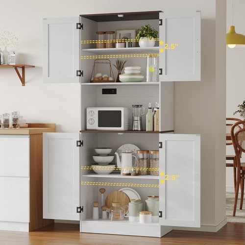 MHOM 71" Tall Pantry Cabinet with Charging Station, Farmhouse Kitchen Hutch with Adjustable Shelves, Modern Kitchen Pantry Storage Cabinet for Dinning Room & Living Room, Antique White - color: White
