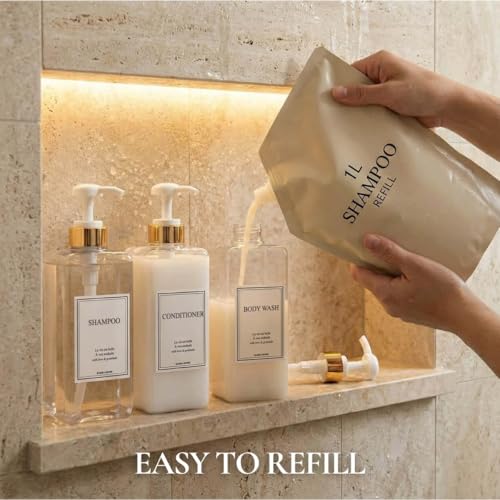 Modern Gold Design Shampoo and Conditioner Dispenser, Large 27oz Shower Soap Dispenser, Set of 3 Refillable Empty Plastic Pump Bottles for Bathroom, 6 Waterproof Labels Included, (Clear & White) - color: Clear & White