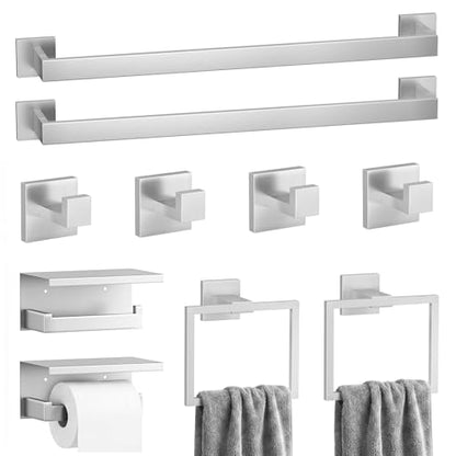 10-Piece Brushed Nickel Bathroom Hardware Set SUS304 Stainless Steel, 2×23.6" Towel Bars, 2 Towel Rings, 2 Toilet Paper Holders & 4 Towel Hooks Wall Mounted Bathroom Accessories Set - color: Brushed Nickel, size: 10 pack