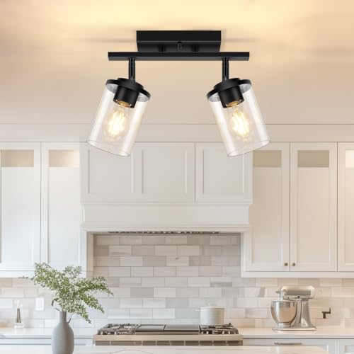 FadimiKoo 2-Lights Semi Flush Mount Ceiling Light, Modern Black Kitchen Light Fixtures Ceiling with Clear Glass Shade, Multi-Directional Track Lighting Kit for Entryway Bathroom Bedroom - color: Black, size: 2-Lights