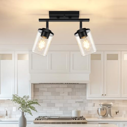 FadimiKoo 2-Lights Semi Flush Mount Ceiling Light, Modern Black Kitchen Light Fixtures Ceiling with Clear Glass Shade, Multi-Directional Track Lighting Kit for Entryway Bathroom Bedroom - color: Black, size: 2-Lights