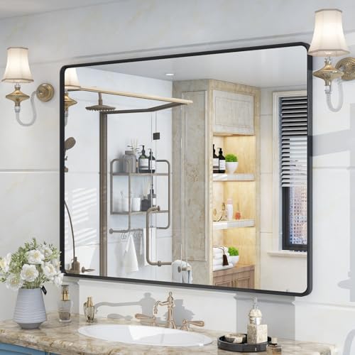 OKPAL 40X36 Inch Black Metal Framed Bathroom Mirror for Wall, Matte Black Bathroom Vanity Mirror, Black Rounded Rectangle Mirror Modern with Rustproof, Tempered Glass (Horizontal/Vertical) - color: Matte Black, size: 40"L x 36"W