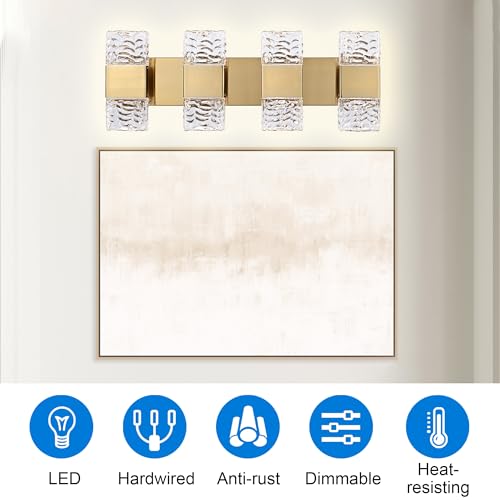 MELUCEE 4 Lights Bathroom Vanity Light Fixtures 3000K Warm Lighting | 23.6 in Modern LED Vanity Lighting Fixture Brass Crystal Vanity Light Bar 32W LED Wall Mounted Lamp Above Mirror Sink - color: Brass, size: 4 Lights