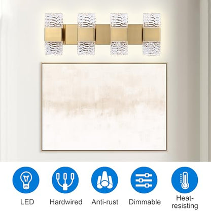 MELUCEE 4 Lights Bathroom Vanity Light Fixtures 3000K Warm Lighting | 23.6 in Modern LED Vanity Lighting Fixture Brass Crystal Vanity Light Bar 32W LED Wall Mounted Lamp Above Mirror Sink - color: Brass, size: 4 Lights
