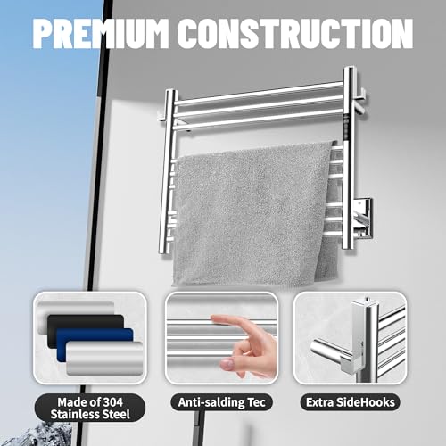 K&KALONZO Wall-Mounted 9-Bar Heated Towel Rack, Fast Heat in 2 Min, NTC Safety | 4 Timers & 3 Heat Levels Control, Plug-In/Hardwired, Top Hooks, Memory Function, Anti-Scald, Stainless Steel, EL13SP - color: Polished, size: H 19.7 x W 23.6