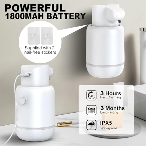 Automatic Soap Dispenser, Rechargeable & Touchless with 4 Adjustable Levels, 15oz/420ml, Waterproof, Wall Mountable for Kitchen, Bathroom, Hotel (Foam, White) - color: White, style: Foam