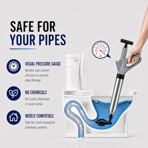 Toilet Plunger, High Pressure Air Toilet Unclogger, Heavy Duty for Bathroom | Splash-Free Toilet Clog Remover, with Real-Time Pressure Gauge, Powerful Air for Bathroom, Toilets, Sinks and Plumbing Clogs
