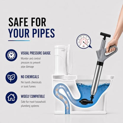 Toilet Plunger, High Pressure Air Toilet Unclogger, Heavy Duty for Bathroom | Splash-Free Toilet Clog Remover, with Real-Time Pressure Gauge, Powerful Air for Bathroom, Toilets, Sinks and Plumbing Clogs