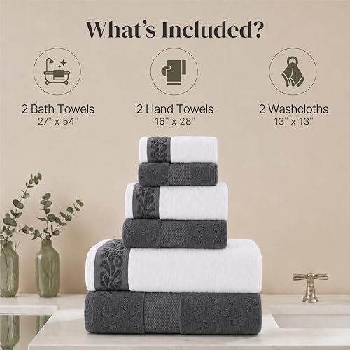 Modern Threads 600 GSM 6-Piece Towel Set with Filgree Jacquard Border Charcoal - color: Grey, style: Jacquard Border