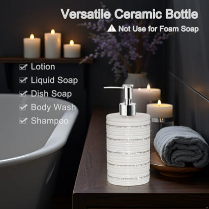 White Ceramic Soap Dispenser with Silver Pump for Bathroom, Refillable Liquid Hand Soap Dispenser, Bling Moissanite Design for Kitchen Dish Soap, Hand Soap, Pump Bottle for Liquid
