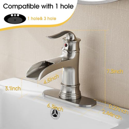 Waterfall Faucet Bathroom Faucet Single Handle One Hole Brushed Nickel Finish Large Spout Lavatory Faucets (Brushed Nickel) - color: Standard - Brushed Nickel - Single