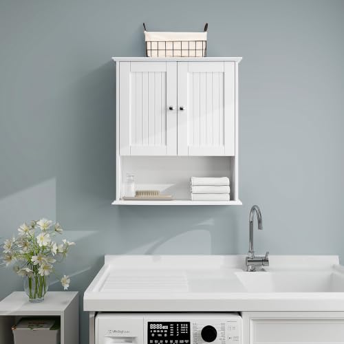 Bathroom Wall Cabinet Over The Toilet Storage Cabinet, White | Wall Mounted Storage Cabinet Wooden Medicine Cabinets for Bathroom Laundry Room Kitchen - color: White, size: 26"W x 29.5"H