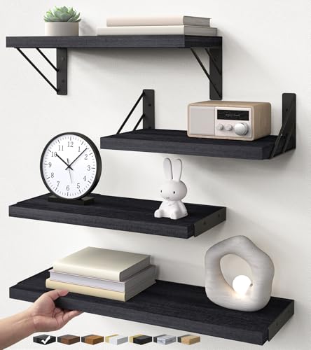 BAYKA Wall Mounted Floating Bathroom Shelves, Wood Wall Shelf for Bathroom Essentials & Decor, Space-Saving Display & Organizer (Black, Set of 4) - color: A. Black Board & Black Brackets, size: 16-inch
