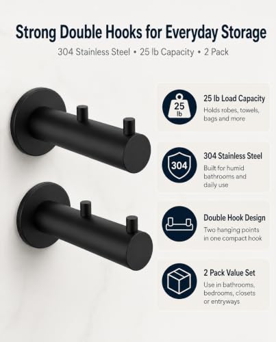 Hooks Heavy Duty Shower Hooks wall Hooks Hooks for Hanging | 304 stainless steel double hooks for bathroom, bedroom, closet, laundry, backpacks, bags and pet leashes - color: Matte Black