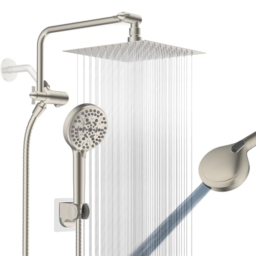 8" Metal Rainfall Shower Head with 10-Mode Handheld, Brushed Nickel | NSF/ANSI/CAN 372 Certified, High Pressure Showerhead Combo with 11" Adjustable Shower Arm, 71" Hose, Shower Head Holder - color: Brushed Nickel, style: Square 8"
