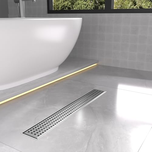 24 Inch Linear Shower Drain - Brushed Nickel, with Removable Grate | AISI 304 Stainless Steel Shower Drain, Long Rectangle Shower Floor Drain with Adjustable Feet, Fits Bathroom & Balcony etc - color: Brushed Nickel, size: 24 in