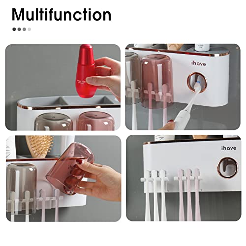iHave Toothbrush Holders for Bathrooms Wall Mounted with Dispenser & 2 Cups | 6 Slots Wall Mount Toothbrush Holders for Bathrooms with Squeeze Toothpaste Dispenser, 2 Cups & 2 Compartments Organizer - color: White 2 Cups
