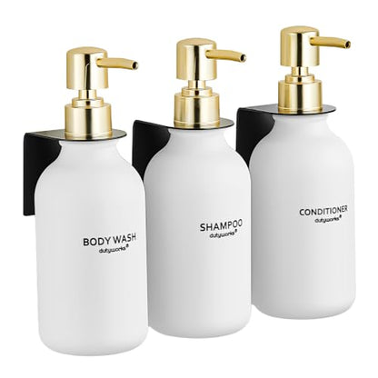 Shampoo and Conditioner Dispenser Set of 3, Matte White | Gold Pumps, 16.9 oz Refillable Bottles, No-Drill Wall Mount, 27 Labels, For Bathrooms, Hotels and Airbnbs - color: Matte White Bottle + Gold Pump