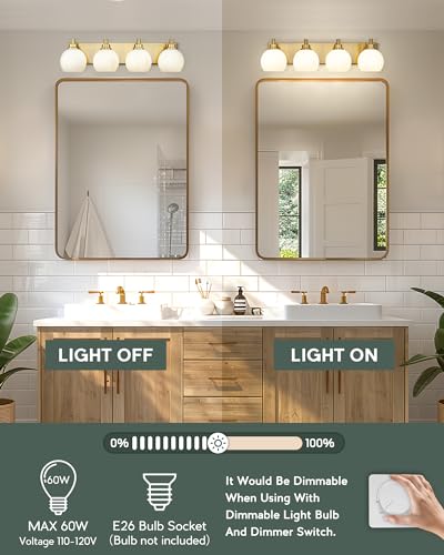 4-Light Brushed Gold Bathroom Vanity Light, Milk White Glass Globes | 26" modern bathroom light fixtures over mirror, E26 base, bulbs not included, VL195-BG-ML-4 - color: Brushed Gold, Milk Glass, size: 4-light