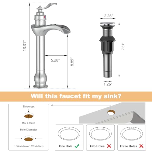 BWE Chrome Vessel Sink Faucet Waterfall Bathroom Faucets 1 Hole | Single Handle Bathroom Vanity Faucet with Pop Up Drain Stopper Assembly and Supply Hose Lavatory Mixer Tap Tall Body - color: Chrome