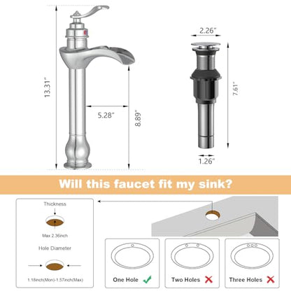 BWE Chrome Vessel Sink Faucet Waterfall Bathroom Faucets 1 Hole | Single Handle Bathroom Vanity Faucet with Pop Up Drain Stopper Assembly and Supply Hose Lavatory Mixer Tap Tall Body - color: Chrome