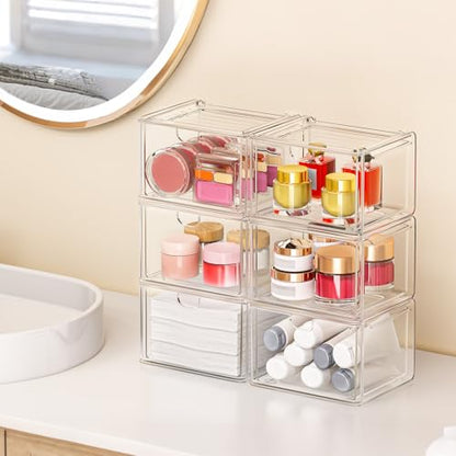 6-Pack Acrylic Stackable Storage Drawers for Vanity, Desk, Bath | 2 large & wide 13" drawers, Smooth-glide, stackable, clear body, dustproof, wipe clean, for makeup, pantry jars, under sink - style: 2 Large+4 Medium Drawers