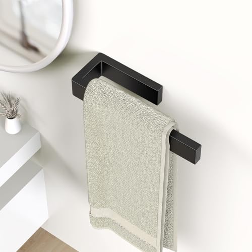 HUFEEOH Hand Towel Holder, Stainless Steel Bathroom Towel Holder Towel Bar, Matte Black Dish Towel Hanger Wall Mount Kitchen Towel Rack Heavy Duty Hand Towel Racks for Bathroom - color: Black, size: 8 Inch-Drilling