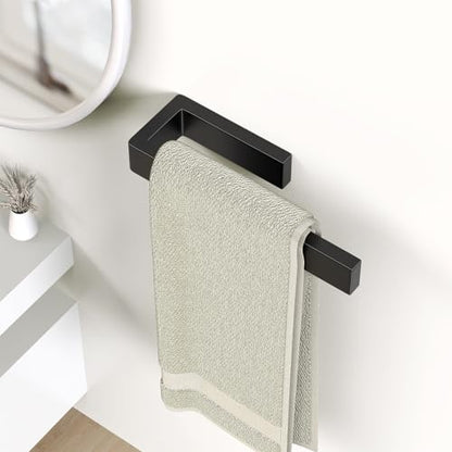 HUFEEOH Hand Towel Holder, Stainless Steel Bathroom Towel Holder Towel Bar, Matte Black Dish Towel Hanger Wall Mount Kitchen Towel Rack Heavy Duty Hand Towel Racks for Bathroom - color: Black, size: 8 Inch-Drilling