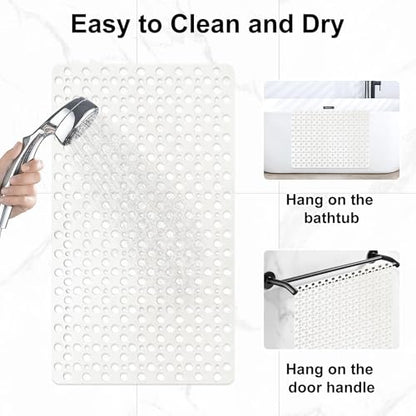 Bathtub Mat and Shower Mat Non Slip: 30 x 17 inch Soft TPE Bath Tub Mat with Suction Cups and Drain Holes, Anti Slip Shower Mats for Inside Shower, Machine Washable, Easy to Dry&Cut - color: White, size: 30" x 17" (Rectangular)