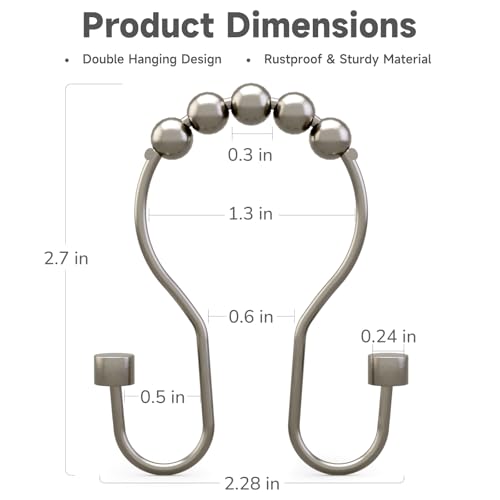 Bathway Shower Curtain Hooks, Shower Curtain Rings Rust Proof Double Hook Shower Curtain Hooks with Clindrical Design, 12 Pcs Nickel Shower Hooks for Shower Curtain, Metal Shower Rod Hooks - color: Nickel, style: Modern Shower Hooks with Cylinders
