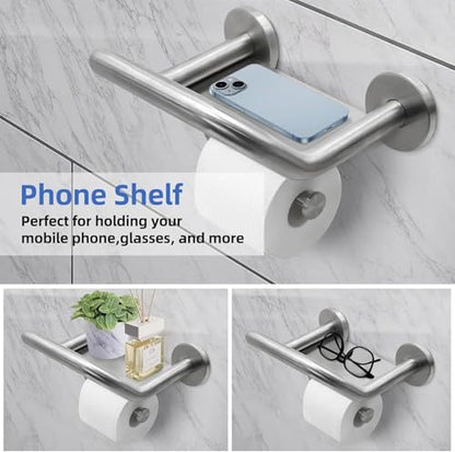 Grab Bar Toilet Paper Holder Combo, 3-in-1 Bathroom Grab Bar with Paper Holder and Phone Shelf, 304 Stainless Steel Safety Bars, Toilet Paper Assist Bars, Toilet Grab Bar for Seniors, Wall Mount - size: 8.9 inch wide upgrade